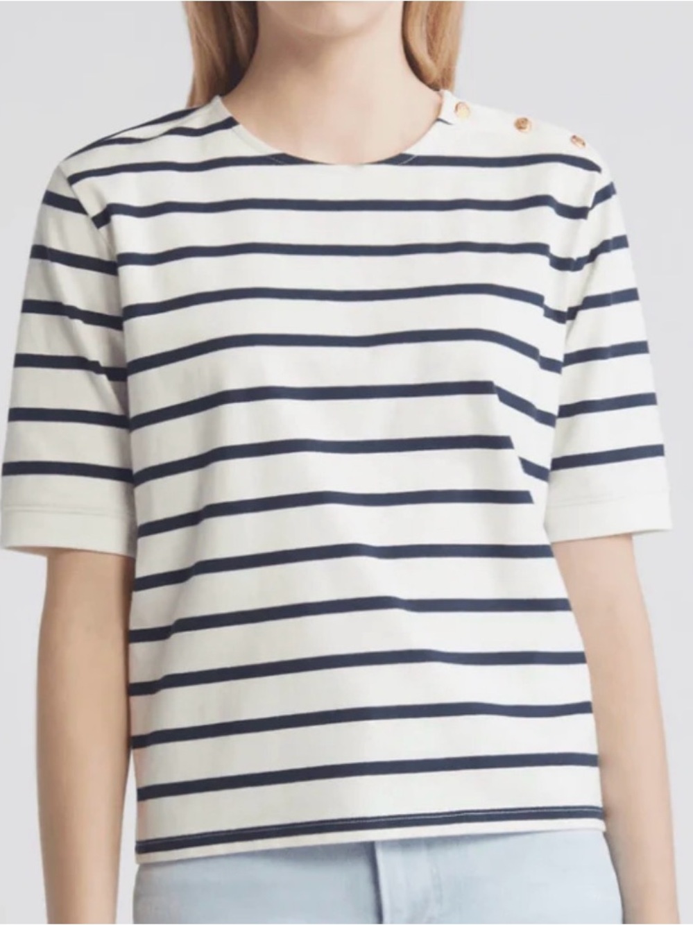 Frame Denim Navy and White Striped Top with Button Shoulder